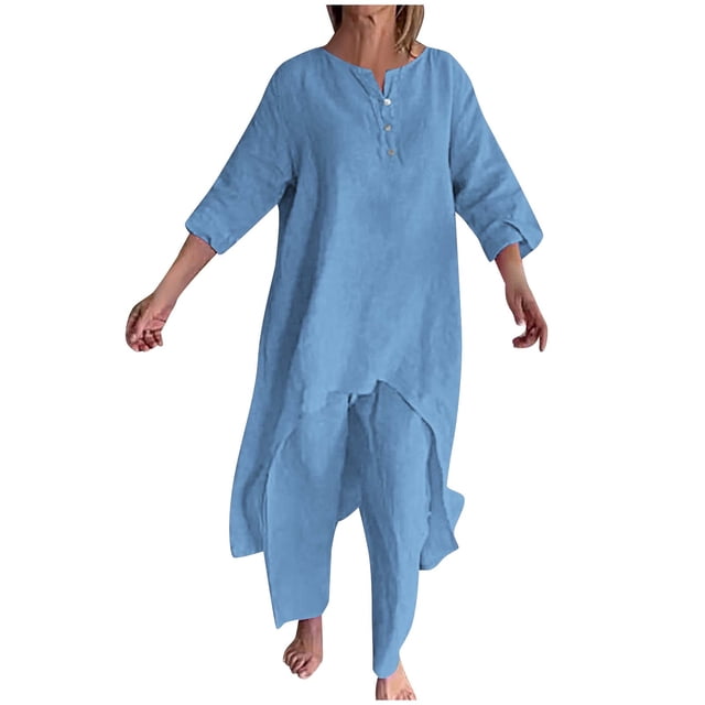 FAIWAD Ensemble 2 Pcs pour Femmes en Coton et Lin, Col Rond, Boutons, Manches Longues, Ourlet Irrégulier, Hauts, Pantalons, Décontracté, Ample