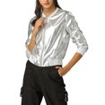 thumbnail image 1 of INSPIRE CHIC Women's Costume Stand Collar Metallic Zip Crop Length Bomber Jacket, 1 of 6