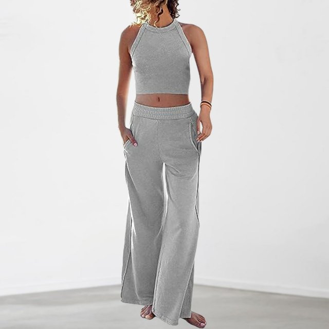 Ensemble de Pantalons 2 Pcs pour Femmes, Col Rond, Poches, Tenue de Vacances Décontractée (Noir P)
