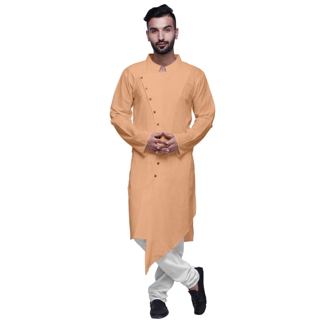 Atasi Kurta à Manches Longues Style Angrakha en Satin de Coton pour Hommes, Kurta Uni de Designer