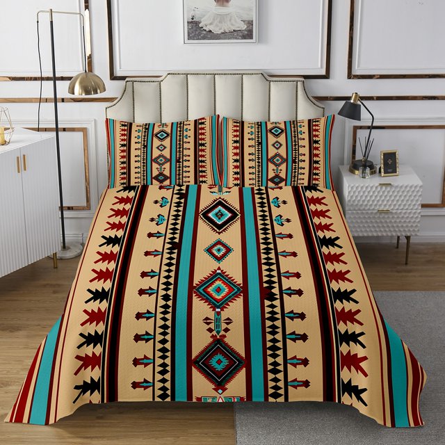 Western Quilt Set Geometric Aztec Bedspread Set Twin,Southwestern Coverlet Set Geometry Diamond Quilted,Retro Exotic Stripes Western Home Decor