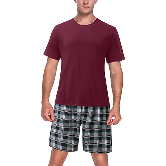 Fashnice Mens Sleepwear Two Pieces Nightwear 2 Pcs Pajama Set Loose Pyjama Homewear Red Black M