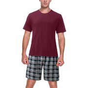 Fashnice Mens Sleepwear Two Pieces Nightwear 2 Pcs Pajama Set Loose Pyjama Homewear Red Black M