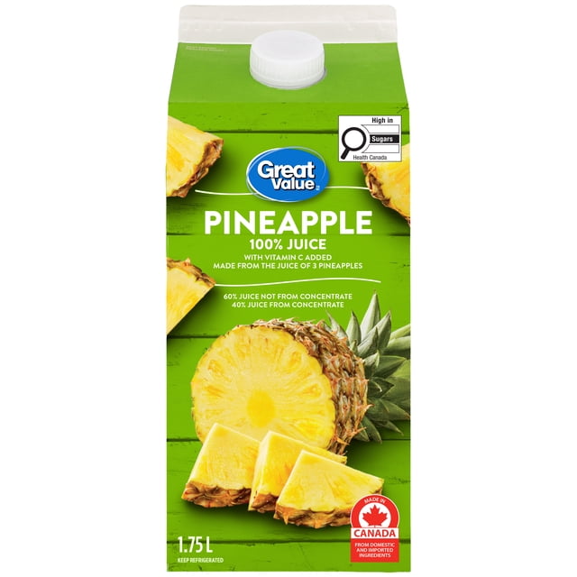 Great Value Jus d'Ananas avec carton de Vitamine C, Vue de devant avec logo Great Value et Étiquette Montrant Trois Ananas Dorés et des Citations : Jus d'Ananas 100 % Pur, 60 % Non Fait de Concentré / 40 % Fait de Concentré, Sans Sucre Ajouté, Pasteurisé, Produit du Canada. Convient Réfrigéré Seul Ou pour smoothies et cocktails.