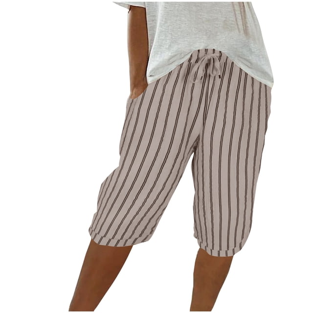 cfhntfmh Womens Summer Fashion Shorts Drawstring High Waisted Wide Leg Shorts with Pockets Striped Short Pant