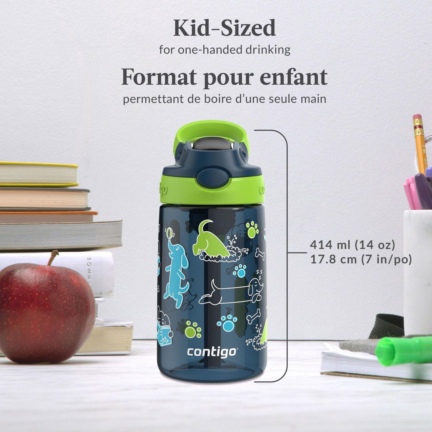 Contigo Kids Aubrey Water Bottle with Autospout Lid, Blueberry Cool Lime with Dogs, BPA-Free