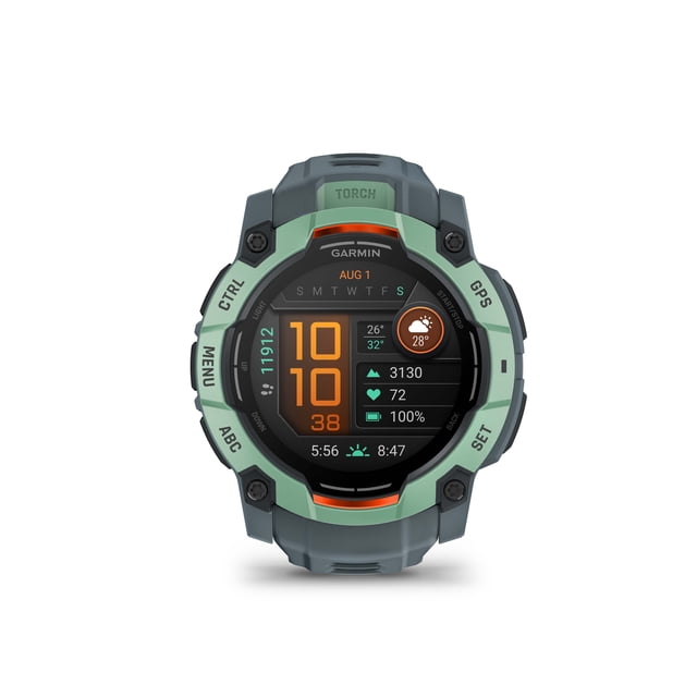 Garmin Instinct 3 AMOLED Smartwatch 50 mm in Neo Tropic with Twilight silicone band, designed for rugged adventures with MIL-STD-810 thermal and shock resistance. Features a bright 1.3-inch AMOLED display for easy readability of metrics like heart rate, weather, and activity tracking. Includes GPS with SatIQ™ technology, 3-axis compass, barometric altimeter, and LED flashlight. Ideal for wearable technology enthusiasts, offering up to 24 days of battery life in smartwatch mode and 40 hours in GPS mode.