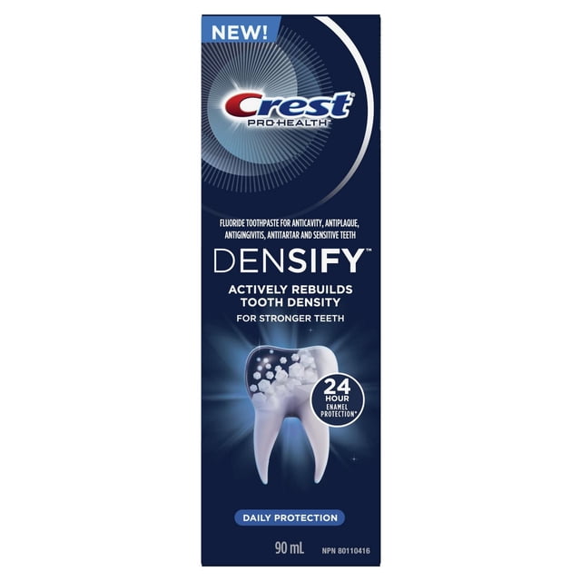 Crest Pro-Health Dentifrice de Protection Quotidienne Densifié en Bleu Foncé avec Texte Blanc et Argenté, Présentant un Graphique de Dent avec des Cristaux d'Émail et un badge de Protection d'Émail sur 24 Heures, Dentifrice au Fluorure de 90 ml Conçu pour Reconstruire la Densité Dentaire, Protéger l'Émail et Offrir des Bienfaits Anticaries et antiplaque pour des Dents Plus Fortes.
