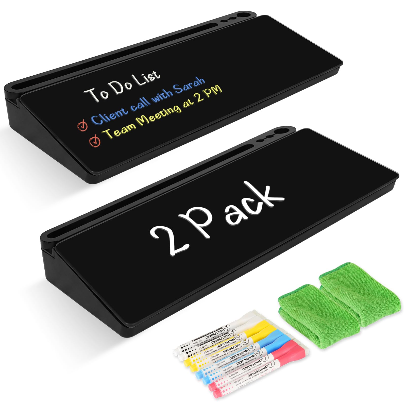 2 Pack Desktop Glass Whiteboard with Storage, Desk Board with Computer Keyboard Stand, White Dry Erase Board with Drawers for Home, School, Office Desk Organizers and Ac