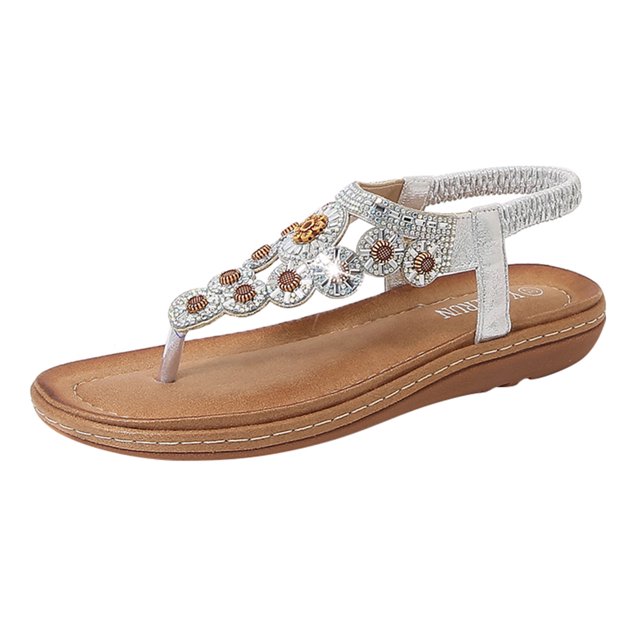 Kcodviy Ladies Strap Flat Sandals Raffia Sandals Women Summer Boho Rhinestone Dress Sandal Wedges for Women Shoes Comfort Open Toe Womens Tan Sandals Elastic Ankle Strap Strapless Sandals Roman Sand