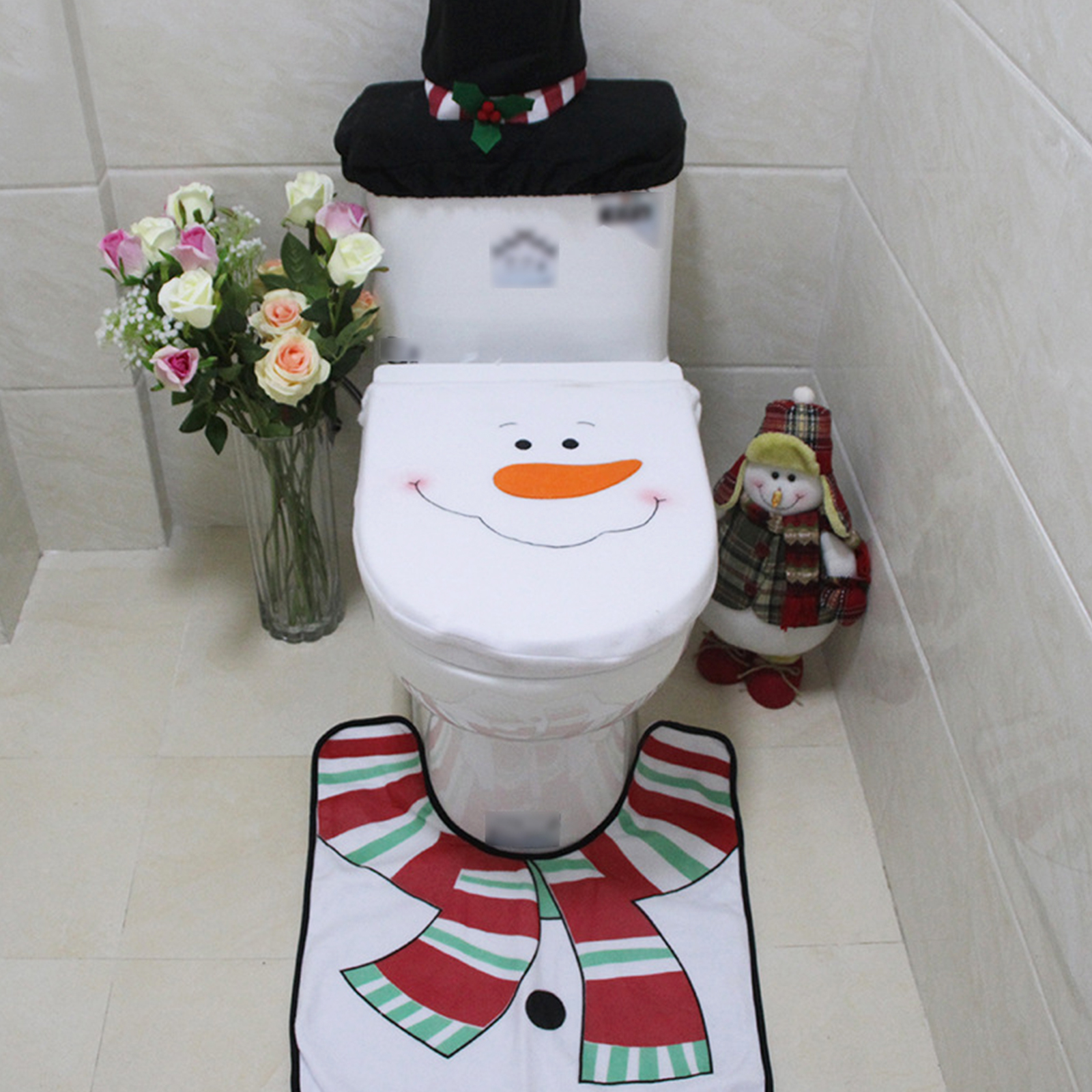 yeacher Festive Snowman Christmas Bathroom Set: Toilet Lid Cover, Tank Cover & U-Shaped Rug for Holiday Decor