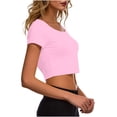 thumbnail image 4 of VSSSJ Hauts Courts pour Femmes Manches Courtes Col Rond Extensible Chandail Décontracté Ajusté Uni Confortable Été Basique T-Shirts Courts Rose Taille Unique, 4 of 5