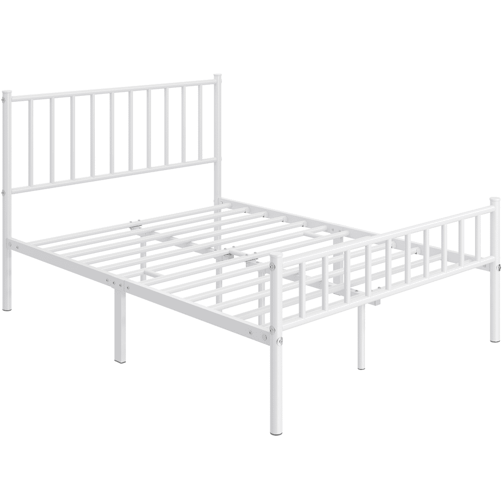 Fullfurnique Minimalist Metal Bed Frame with Vertical Bar Headboard and Footboard, Queen, White