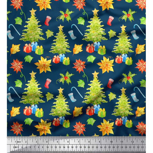Soimoi Blue Poly Georgette Fabric Gifts & Christmas Tree Printed Fabric 1 Yard 42 Inch Wide