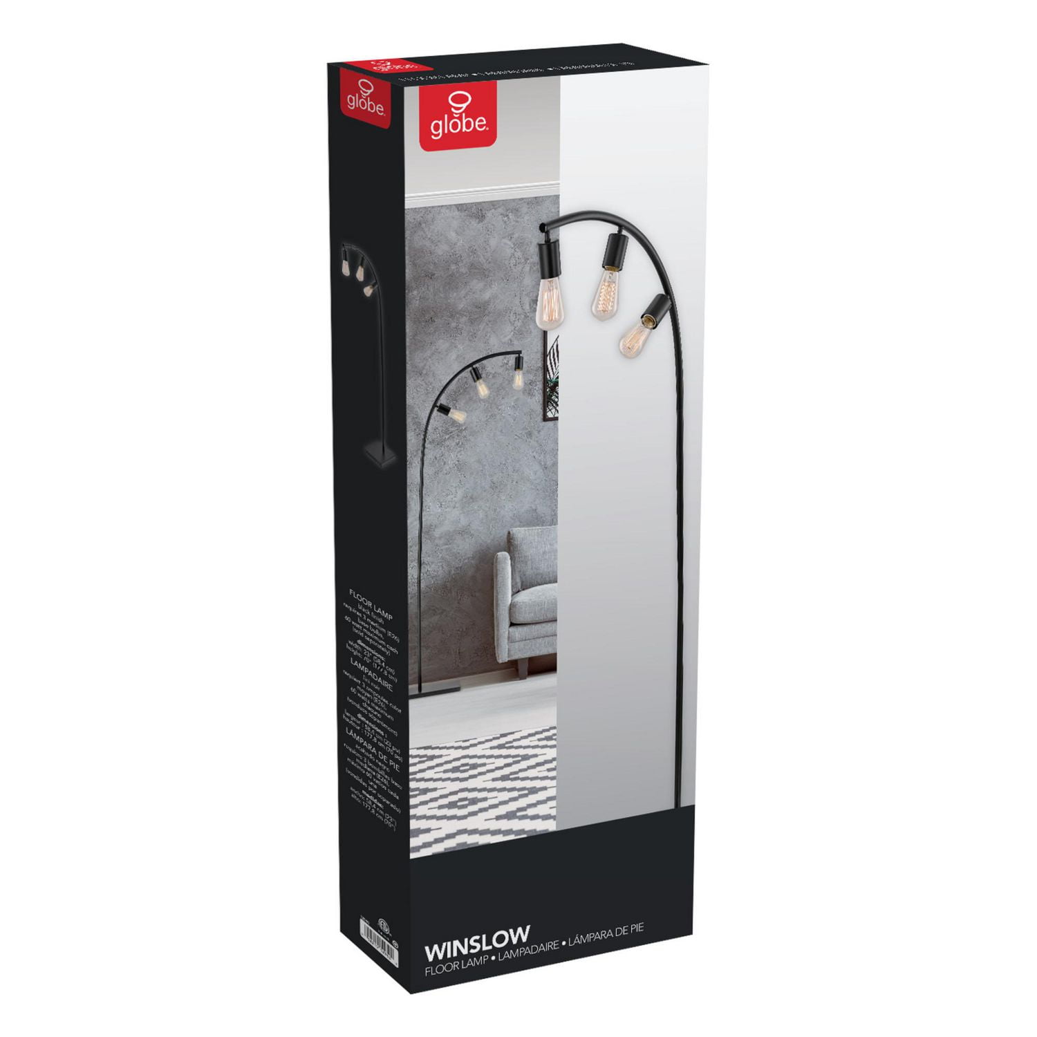 Lampe sur pied en métal de 70", collection Winslow par Globe Electric, fini noir, 3 lumières, 12950