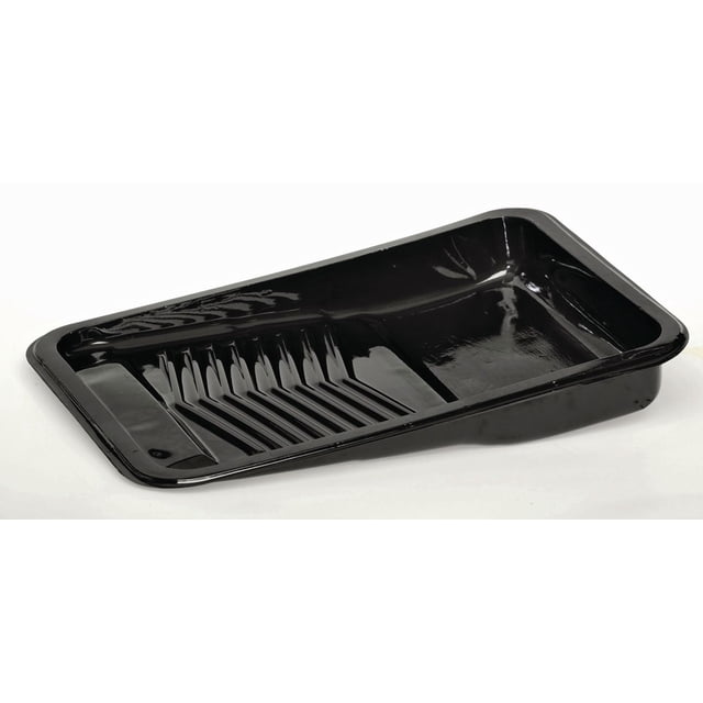Pintar Paint Tray Liner for Metal Paint Tray shown in a close-up angled view, featuring a black disposable plastic liner with ribbed texture for paint distribution and a smooth reservoir area, designed to protect metal paint trays and simplify cleanup, also suitable for use with various paint types in home improvement projects.
