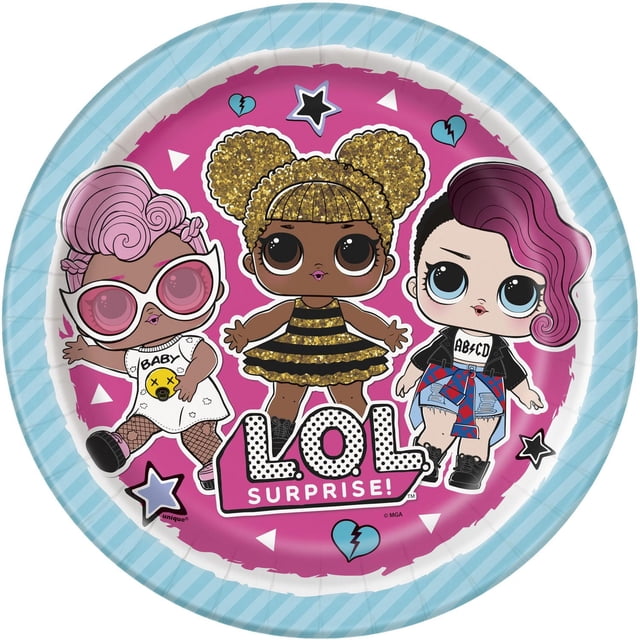 LOL Surprise Birthday Paper Dinner Plates, 9in, 8ct featuring three LOL Surprise dolls on a pink background with a blue striped rim, disposable for easy cleanup and ideal for themed birthday parties.