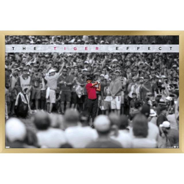 Tiger Woods - The Tiger Effect Wall Poster, 22.375" x 34", depicts a golfer in a red shirt and black pants swinging a golf club, highlighted in color against a black-and-white crowd background with 'THE TIGER EFFECT' text above, printed on glossy poster paper suitable for home or office wall decor.