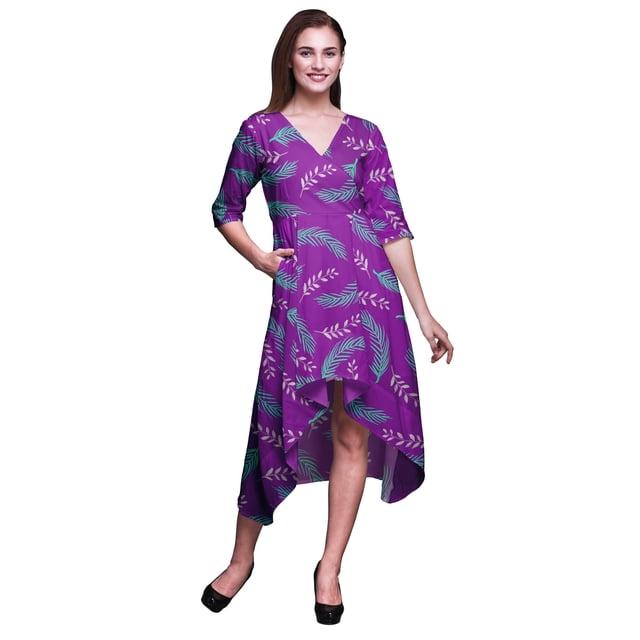 Bimba Coton Feuilles de Palmier Violettes Femmes Robe Droite Asymétrique à Poches Été Fête Mi-Longue-Moyen