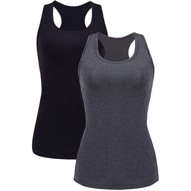 Charmo Camisole en Coton pour Femme avec Soutien-Gorge Intégré, Débardeur Extensible, Camisoles, Lot de 2, Comprenant un Débardeur Noir et Gris avec Soutien-Gorge Intégré pour un Soutien Léger. Fait de 95 % Coton et 5 % Élasthanne, Ces Camisoles Extensibles Offrent des Coutures Plates pour le Confort et la Durabilité. Convient à la Superposition, au yoga Ou aux Tenues Décontractées.