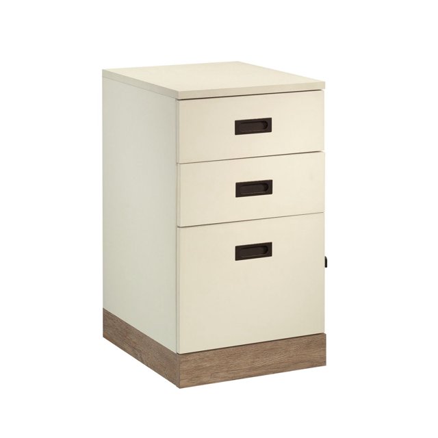 Sauder Dixon City File Cart in Pebbled White with Brushed Oak base and bronze hardware, featuring two small top drawers with metal runners and a locking full-extension lower drawer for letter-size hanging files, built with lightweight panels and hidden casters for easy mobility and versatile placement in home offices.