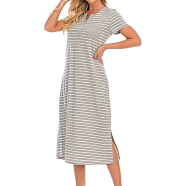 Tumotour Nightgowns for Women Striped Nightgown Sleepshirt Knee-Length Short Sleeve Nightshirt Round Neck Nightdress Loose Loungewear Casual Sleepwear House Dress Home Wear Pajamas