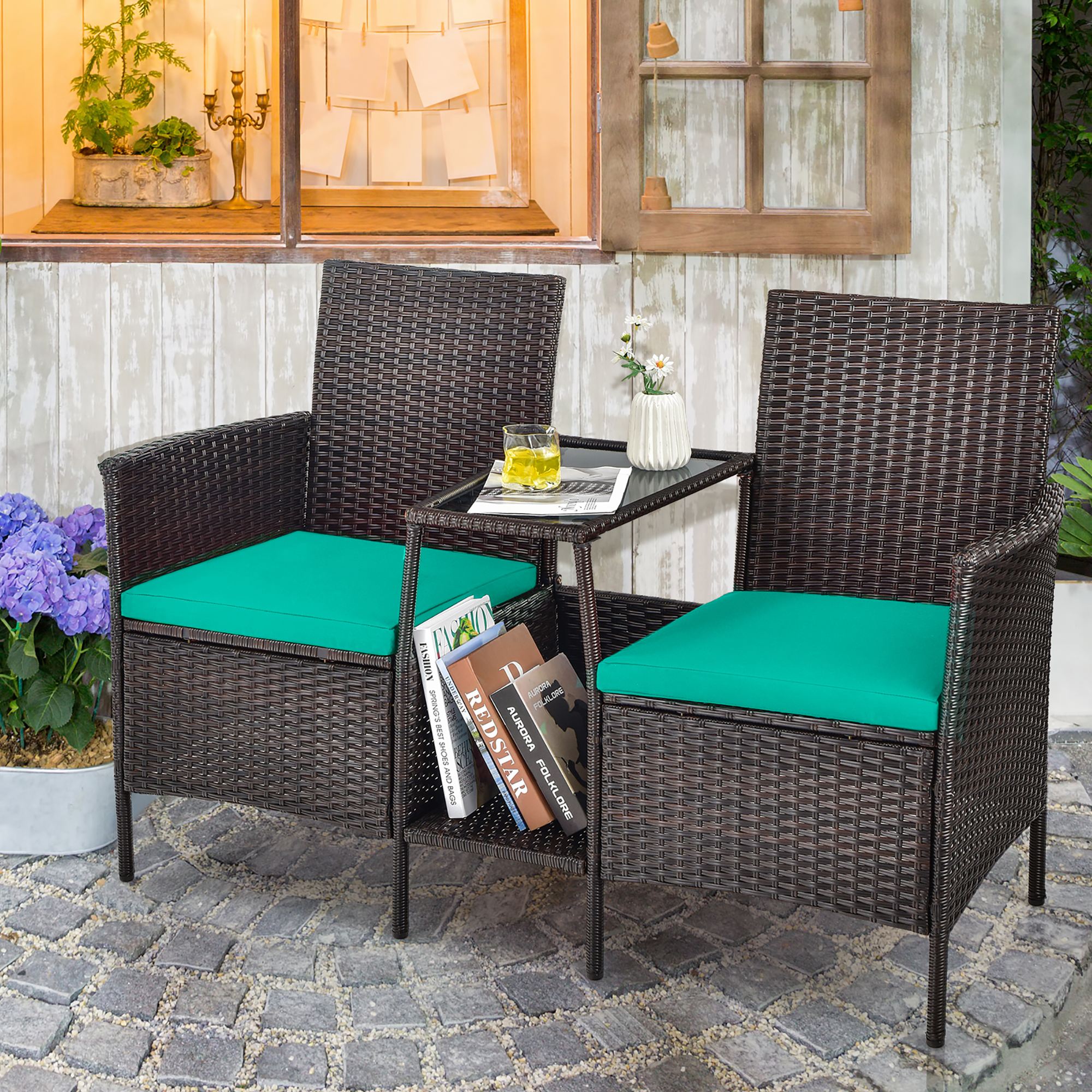 Costway Ensemble de Conversation en Rotin pour Patio Canapé Coussiné Causeuse Table en Verre