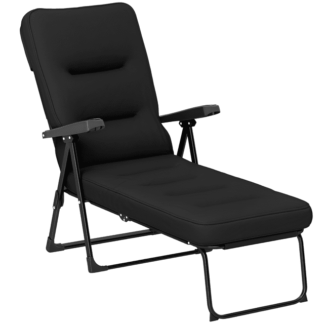 Outsunny Chaise Longue d'Extérieur avec Coussin en Noir, Doté d'Un design Pliable et d'Un Siège Rembourré pour un Confort Accru. la Chaise Comprend un Système d'Inclinaison à Quatre Niveaux, un Cadre Métallique Robuste avec une Finition Enduite de Poudre, et un Repose-Pieds. les Dimensions Sont de 24,8 Pouces de Large, 59,8 Pouces de Profond et 39 Pouces de Haut Lorsqu'elle Est Ouverte, et de 24,8 Pouces de Large, 35 Pouces de Profond et 7,5 Pouces de Haut Lorsqu'elle Est Pliée. Convient à la Détente en Plein Air
