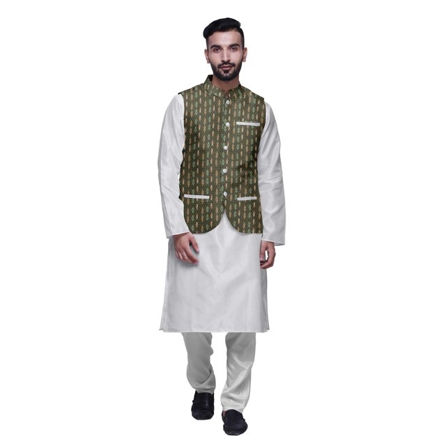 Atasi Ensemble de Pyjama Kurta Churidar Ethnique avec Veste Nehru Imprimée pour Hommes