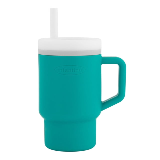 Infantino My 1st Tumbler in aqua, a 9oz lightweight silicone straw sippy cup with a white lid and leak-resistant valve, featuring a soft silicone tip and handle, designed for babies learning to sip and fits most cup holders.