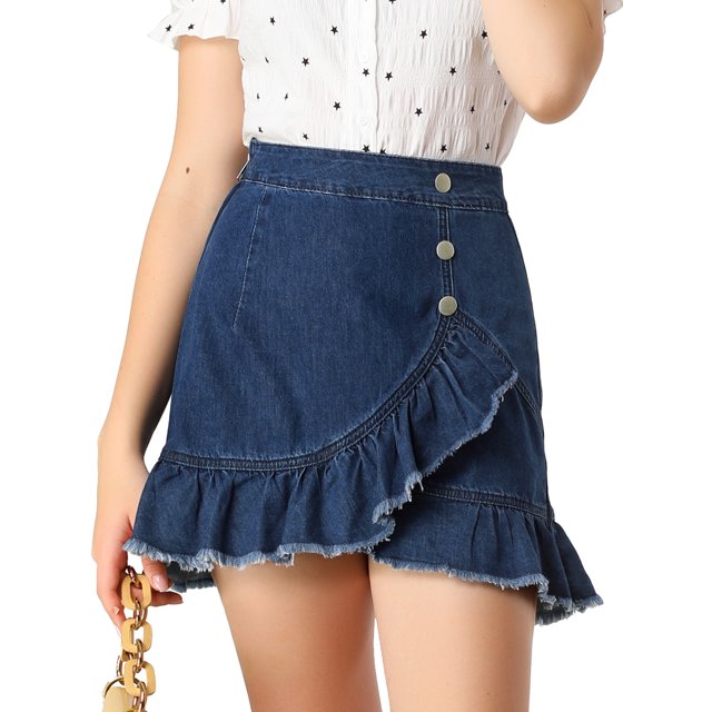 Unique Bargains Jupe en Jean Mini pour Femme à Ourlet Volanté, Boutonnée devant