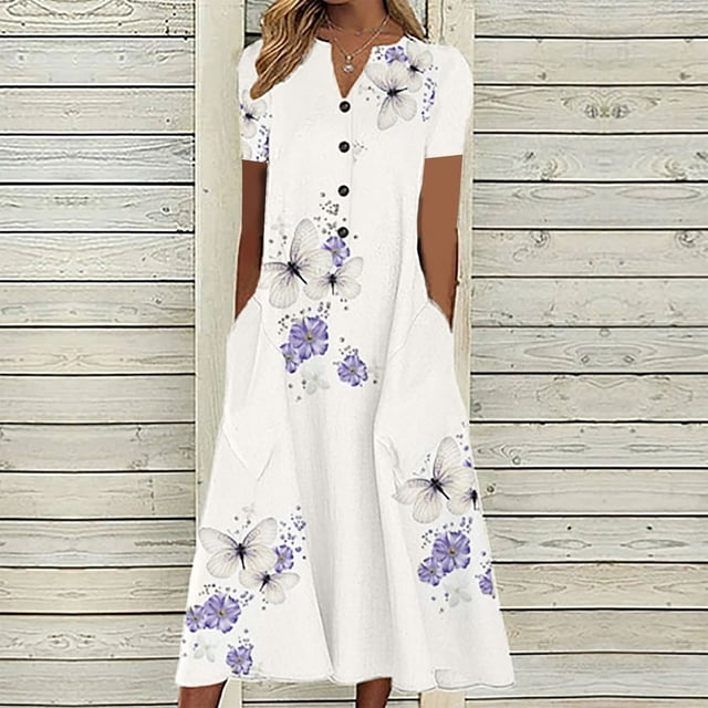 CHUANK Robes de Travail pour Femmes Liquidation Mode Dames Décontracté Ample Imprimé Papillon Col en V Manches Courtes Boutons Poches Longue Robe