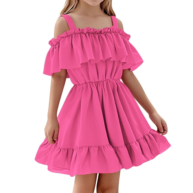 Zpanxa Robe T-Shirt d'Été pour Fillette, Décontractée, Épaules Dénudées, Ligne A, Ourlet à Volants, Robe de Fête Fumée en Polyester et Spandex, 4 Ans