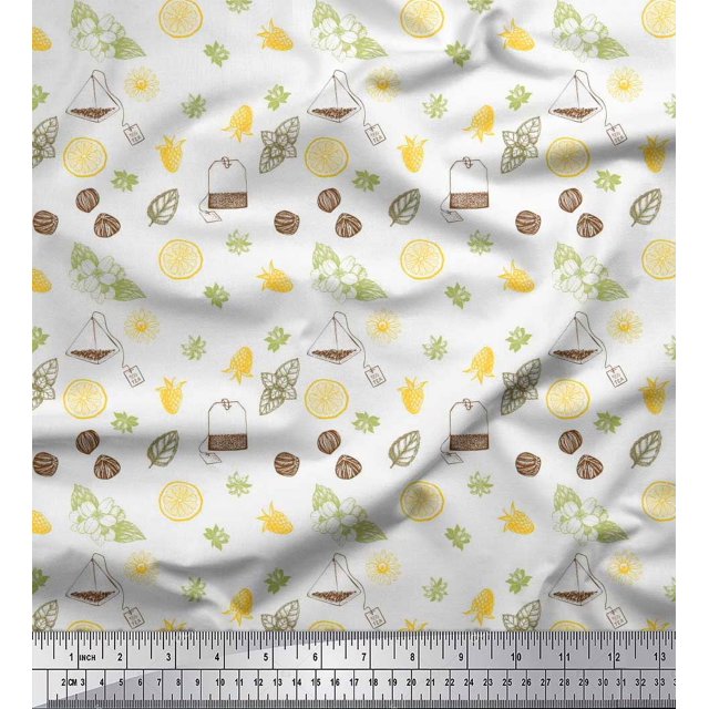 Soimoi White polyester Crepe Fabric Tea Bag,Star Anise & Lemon Slice Vegetable Print Sewing Fabric Yard 52 Inch Wide