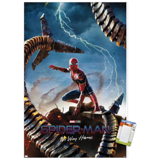 Marvel Spider-Man: No Way Home - Teaser Wall Poster, 22.375" x 34", depicting Spider-Man in red and blue suit crouching on rocky terrain surrounded by mechanical tentacles and lightning in a stormy sky, suitable for wall art in bedrooms or offices.