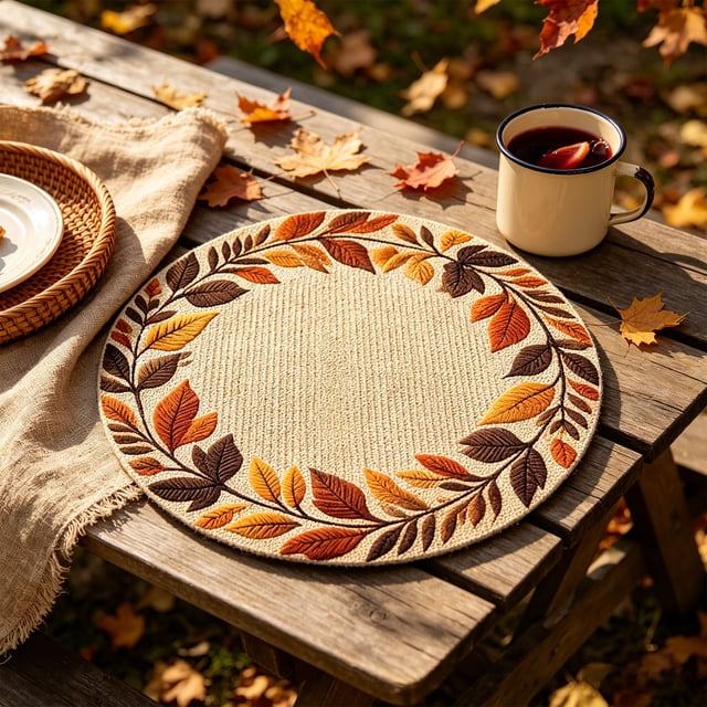 Fall Leaf Wreath Placemats Set of 10, Heat Resistant for Thanksgiving Table Decor