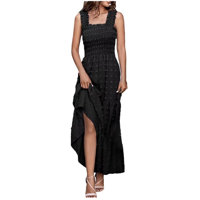 Birdeem Womens Sleeveless Extra Long Solid Shoulder Strap Dot Tank Top A-Line Hem Layered Dress