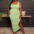 thumbnail image 2 of EQWLJWE Longue Robe pour Femmes Robe d'Été pour Femmes Mode Grande Taille Couleur Unie Col en U Sans Manches Plissée Extensible Fendue, 2 of 7