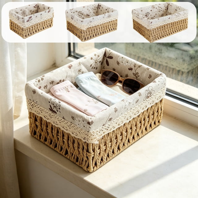 thefmos 3Pcs Small Woven Storage Basket, Rectangular Decorative Rattan Organizer Bin, Plastic Sundries CosmeticToyContainer for Home Bathroom Bedroom Kitchen Office