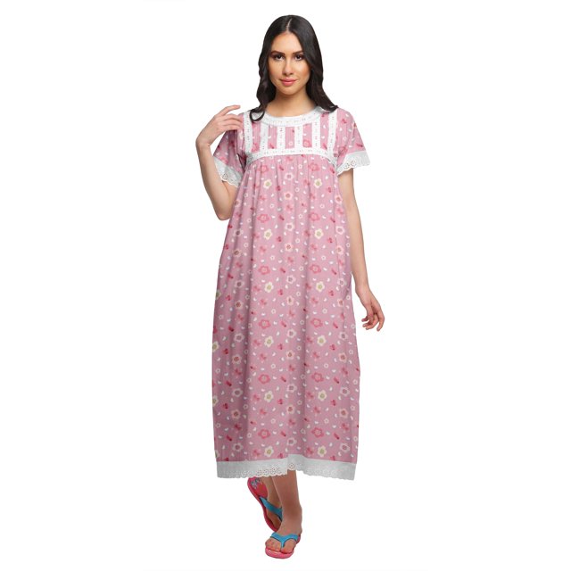 Moomaya Chemise de Nuit Maxi Boutonnée à Manches Courtes Imprimée pour Femmes en Coton