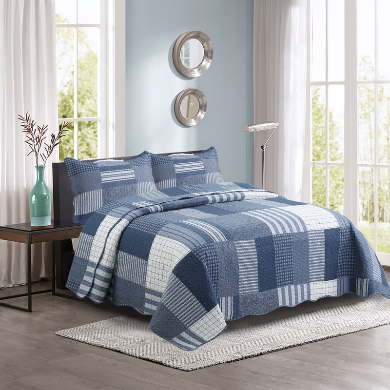 Marina Decoration Rich Printed Embossed Pinsonic Coverlet Bedspread Ultra Soft Home Bedding 2 Piece Summer Quilt Set with 1 Sham, Navy White Plaid Pattern Twin/Single