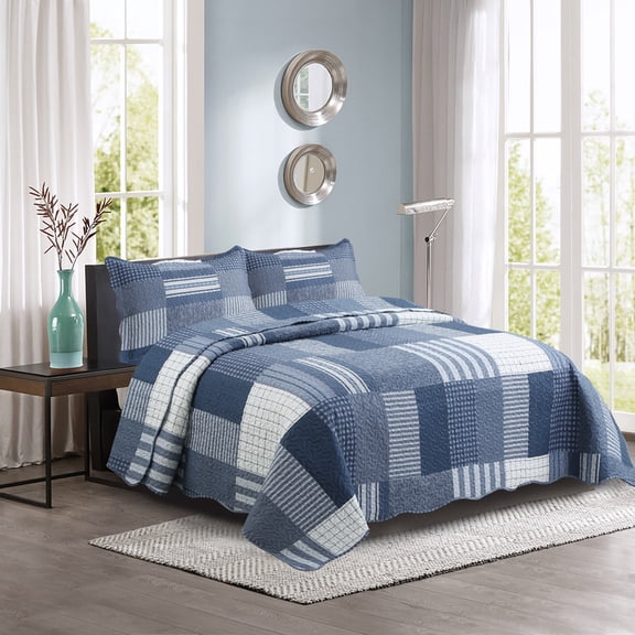 Marina Decoration Rich Printed Embossed Pinsonic Coverlet Bedspread Ultra Soft Home Bedding 3 Piece Summer Quilt Set with 2 Embossed Shams, Navy White Plaid Pattern Queen/Full Size