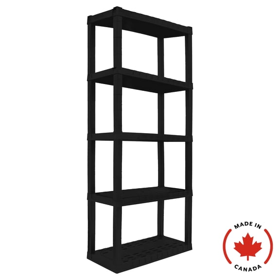 Étagères de garage ultra-résistantes en plastique à 5 niveaux, 190 cm (H) x 35 cm (P) x 76 cm (L), noir, capacité totale de 204 kg.