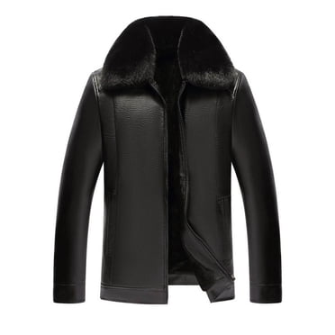 Mceream Men's Faux Leather Jacket with Removable Luxury Fur Collar, Stylish Windproof Winter Coats Long Sleeve Overcoat Plus Size Outwear Chaqueta Ligera Para Hombre Black XL