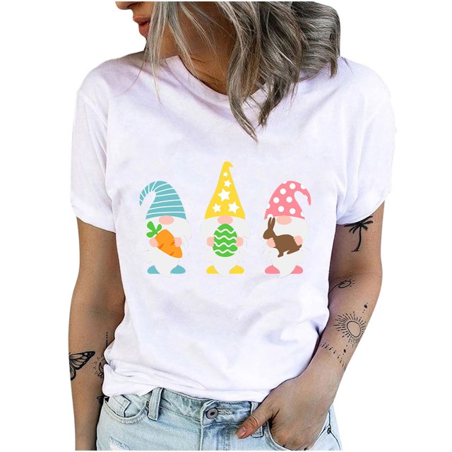 Qertyioot Hauts pour Femmes T-Shirts à Col Rond pour Femmes T-Shirts à Imprimé Lapin de Pâques T-Shirts à Manches Courtes Blouse Hauts