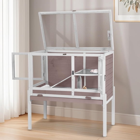 MEDEHOO Wooden Guinea Pig Cages Indoor,Two-Story Wooden Rabbit Cage Hutch with Removable Stand and Pull Out Tray, Small Animals Cage Habitat with Ramp and Plastic Mesh(Brown&White)