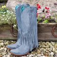 thumbnail image 2 of B91xZ Bottes de Cowboy pour Femmes Talon Haut Rétro Suède Fermeture Éclair Mi-Mollet, Bleu Clair 7.5, 2 of 5