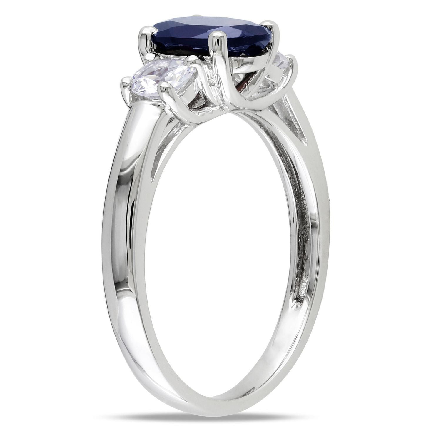 Bague de fiançailles Tangelo avec 2.63 carat de saphir bleu et blanc synthétique de coupe ovale et ronde en argent sterling