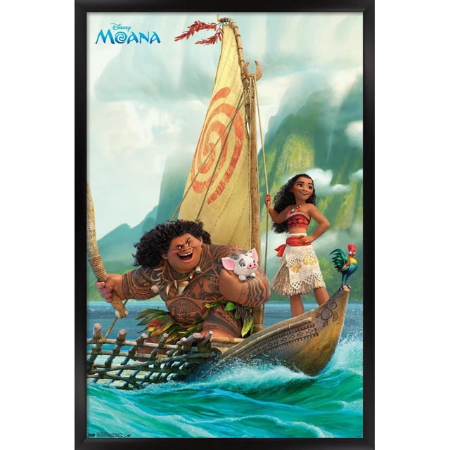 Disney Moana - Group Wall Poster, 22.375" x 34" depicting animated characters on a Polynesian outrigger canoe with a beige sail marked by a red spiral, sailing turquoise ocean waves with misty green mountains in the background, suitable for decorating kids' rooms or parties.