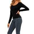 thumbnail image 4 of INSPIRE CHIC Women's Solid Ruched Front Scoop Neck Long Sleeve Basic Blouse Tops L Black, 4 of 7